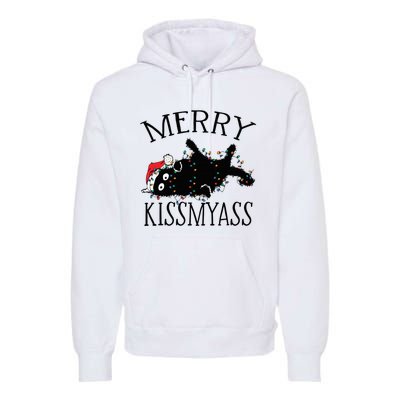 Merry Kissmyass Funny Christmas Cat Tangled In Lights Premium Hoodie