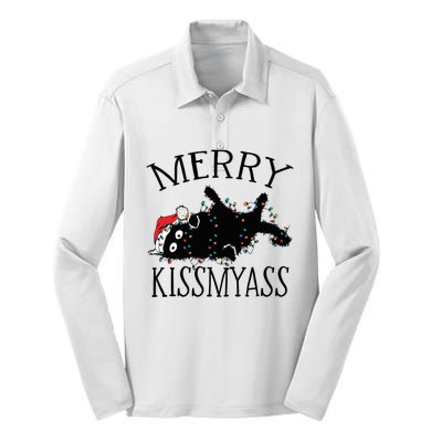 Merry Kissmyass Funny Christmas Cat Tangled In Lights Silk Touch Performance Long Sleeve Polo