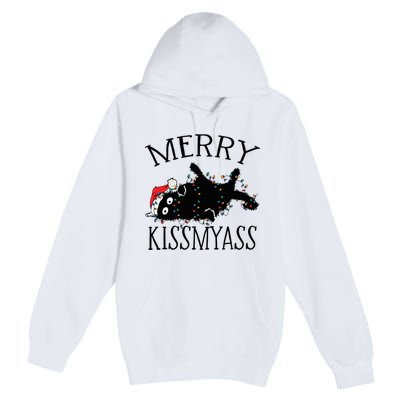 Merry Kissmyass Funny Christmas Cat Tangled In Lights Premium Pullover Hoodie