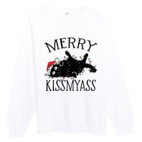 Merry Kissmyass Funny Christmas Cat Tangled In Lights Premium Crewneck Sweatshirt