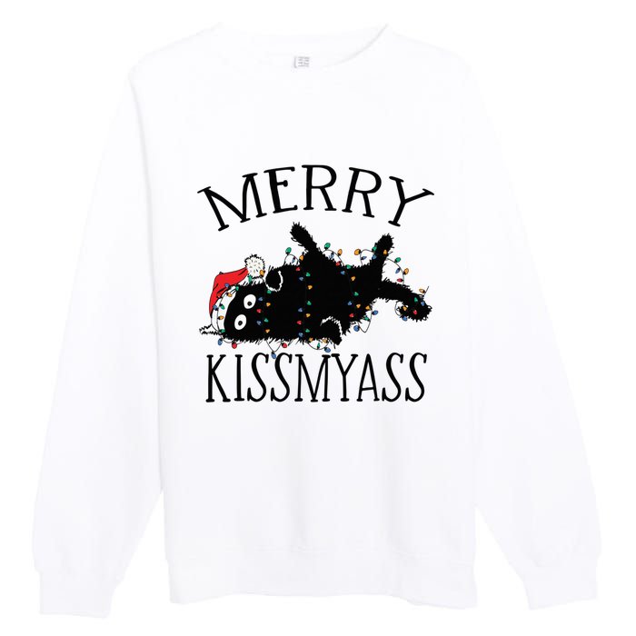 Merry Kissmyass Funny Christmas Cat Tangled In Lights Premium Crewneck Sweatshirt