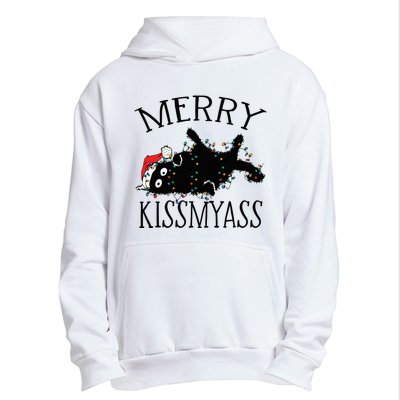 Merry Kissmyass Funny Christmas Cat Tangled In Lights Urban Pullover Hoodie