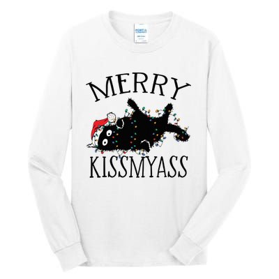 Merry Kissmyass Funny Christmas Cat Tangled In Lights Tall Long Sleeve T-Shirt