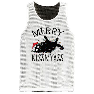 Merry Kissmyass Funny Christmas Cat Tangled In Lights Mesh Reversible Basketball Jersey Tank