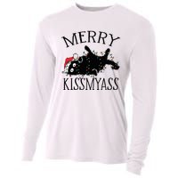 Merry Kissmyass Funny Christmas Cat Tangled In Lights Cooling Performance Long Sleeve Crew