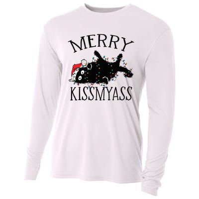 Merry Kissmyass Funny Christmas Cat Tangled In Lights Cooling Performance Long Sleeve Crew