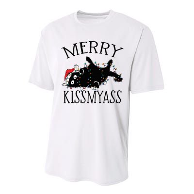 Merry Kissmyass Funny Christmas Cat Tangled In Lights Performance Sprint T-Shirt