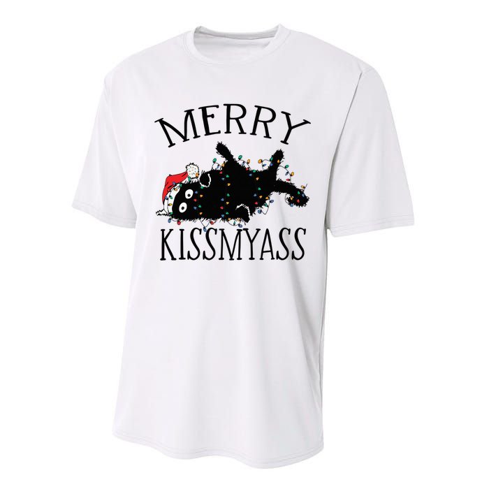 Merry Kissmyass Funny Christmas Cat Tangled In Lights Performance Sprint T-Shirt