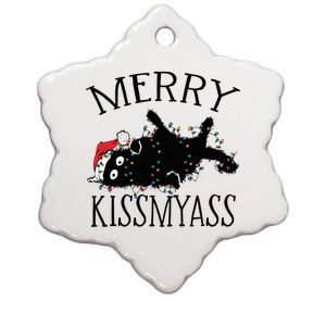 Merry Kissmyass Funny Christmas Cat Tangled In Lights Ceramic Star Ornament