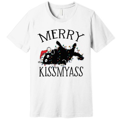 Merry Kissmyass Funny Christmas Cat Tangled In Lights Premium T-Shirt