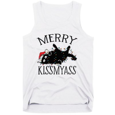 Merry Kissmyass Funny Christmas Cat Tangled In Lights Tank Top