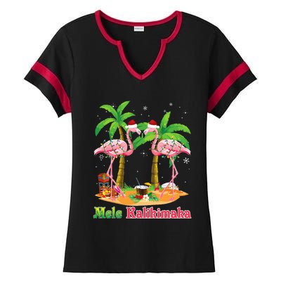 Mele Kalikimaka Flamingo On Beach Christmas Merry In July Ladies Halftime Notch Neck Tee