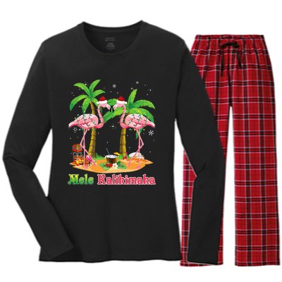 Mele Kalikimaka Flamingo On Beach Christmas Merry In July Women's Long Sleeve Flannel Pajama Set 