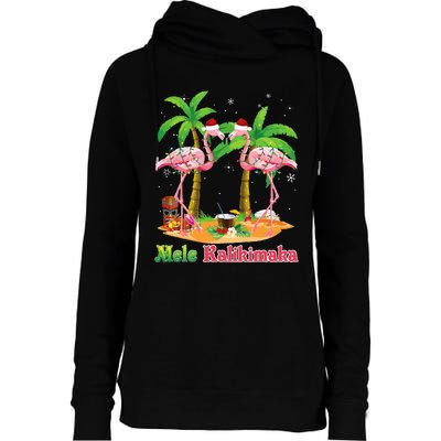 Mele Kalikimaka Flamingo On Beach Christmas Merry In July Womens Funnel Neck Pullover Hood