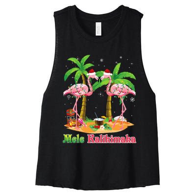 Mele Kalikimaka Flamingo On Beach Christmas Merry In July Women's Racerback Cropped Tank