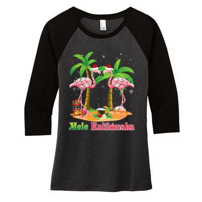 Mele Kalikimaka Flamingo On Beach Christmas Merry In July Women's Tri-Blend 3/4-Sleeve Raglan Shirt