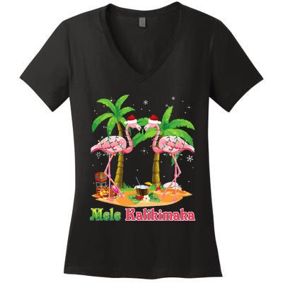 Mele Kalikimaka Flamingo On Beach Christmas Merry In July Women's V-Neck T-Shirt