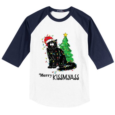 Merry Kissmyass Funny Black Cat Christmas Cat Lover Xmas Baseball Sleeve Shirt