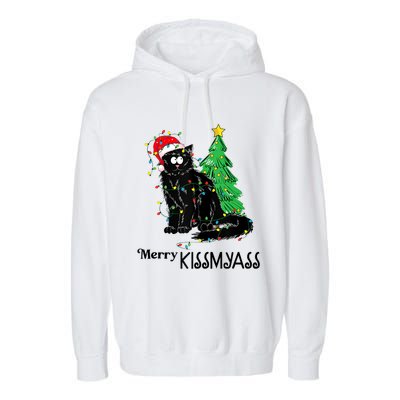 Merry Kissmyass Funny Black Cat Christmas Cat Lover Xmas Garment-Dyed Fleece Hoodie