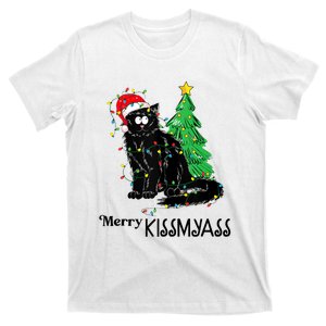 Merry Kissmyass Funny Black Cat Christmas Cat Lover Xmas T-Shirt