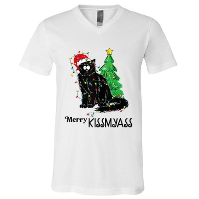 Merry Kissmyass Funny Black Cat Christmas Cat Lover Xmas V-Neck T-Shirt