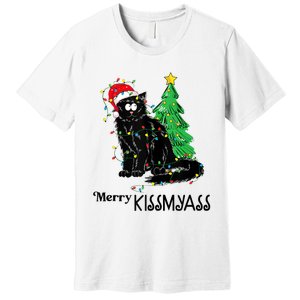 Merry Kissmyass Funny Black Cat Christmas Cat Lover Xmas Premium T-Shirt