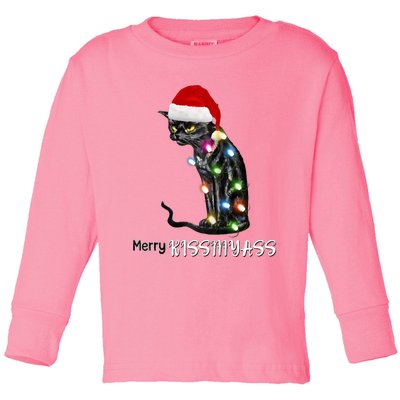 Merry Kissmyass Funny Cat Christmas Lights Toddler Long Sleeve Shirt