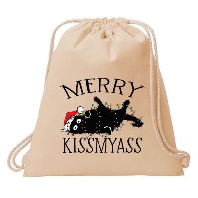 Merry Kissmyass Funny Christmas Cat Tangled In Lights Drawstring Bag