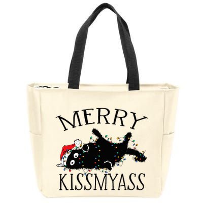 Merry Kissmyass Funny Christmas Cat Tangled In Lights Zip Tote Bag