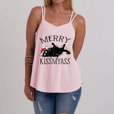 Merry Kissmyass Funny Christmas Cat Tangled In Lights Women's Strappy Tank