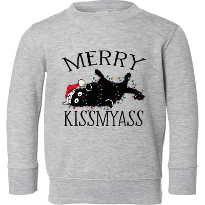 Merry Kissmyass Funny Christmas Cat Tangled In Lights Toddler Sweatshirt
