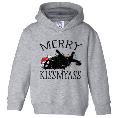 Merry Kissmyass Funny Christmas Cat Tangled In Lights Toddler Hoodie