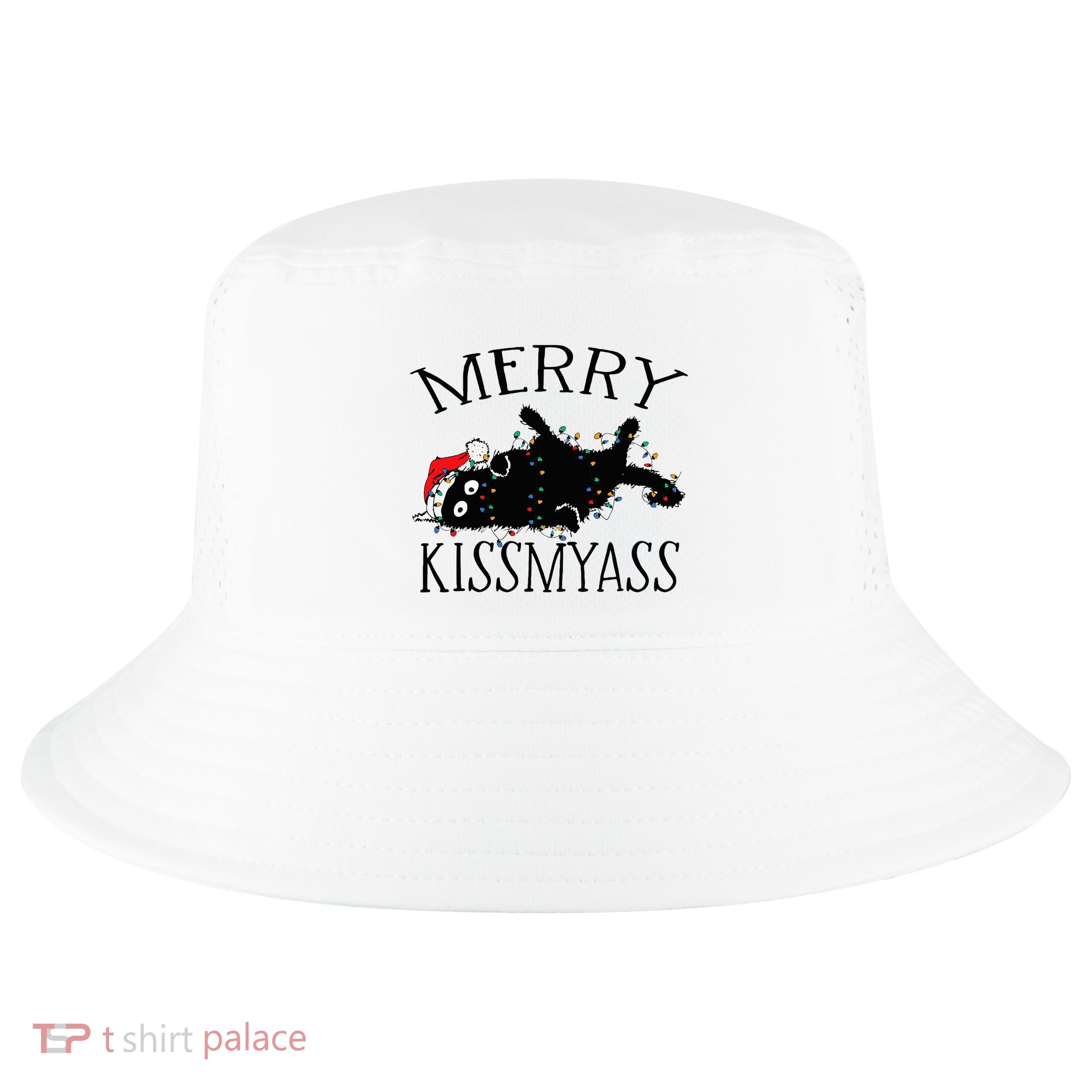 Merry Kissmyass Funny Christmas Cat Tangled In Lights Cool Comfort Performance Bucket Hat