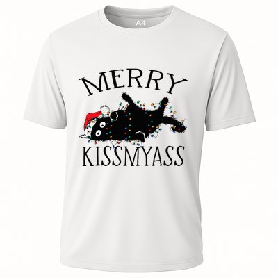 Merry Kissmyass Funny Christmas Cat Tangled In Lights Performance Shirt