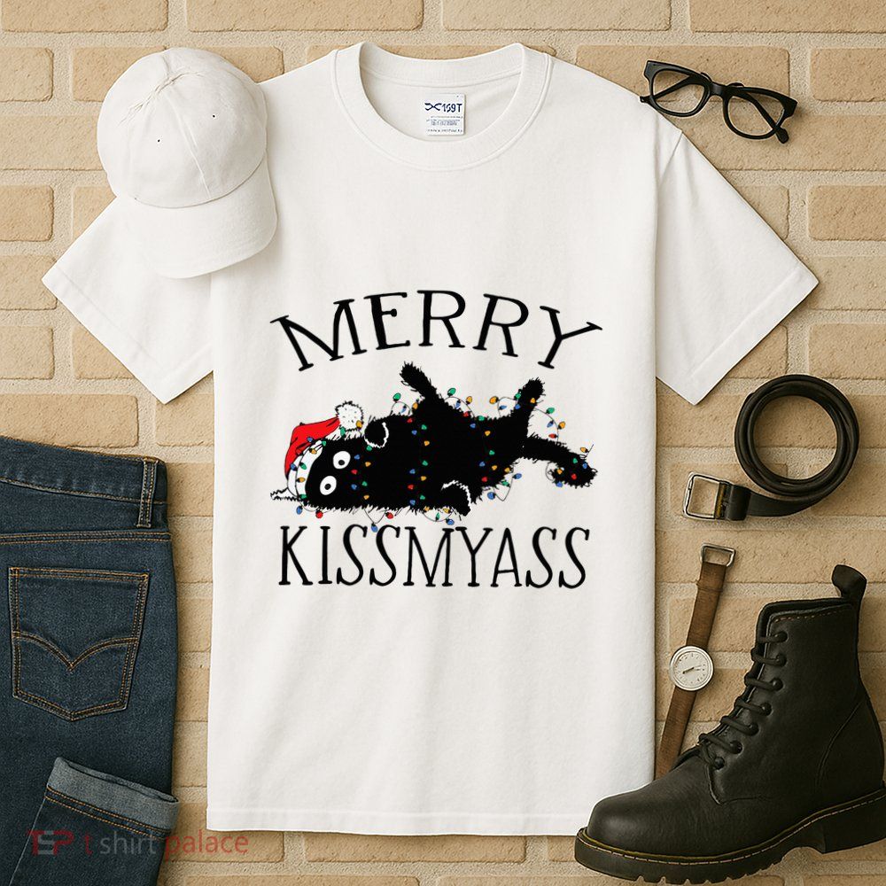 Merry Kissmyass Funny Christmas Cat Tangled In Lights Tall T-Shirt
