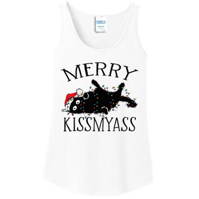 Merry Kissmyass Funny Christmas Cat Tangled In Lights Ladies Essential Tank