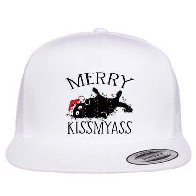 Merry Kissmyass Funny Christmas Cat Tangled In Lights Flatbill Hat