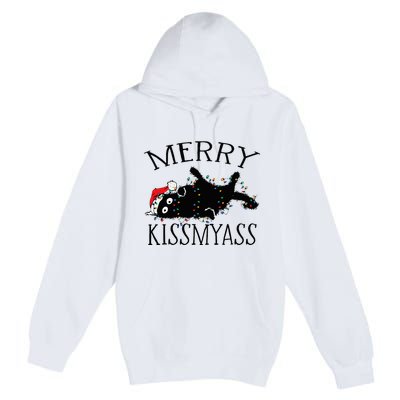 Merry Kissmyass Funny Christmas Cat Tangled In Lights Premium Pullover Hoodie