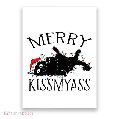Merry Kissmyass Funny Christmas Cat Tangled In Lights Poster
