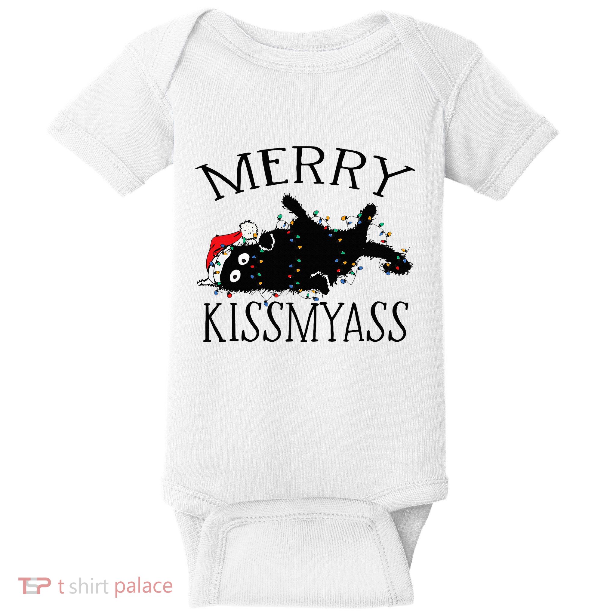 Merry Kissmyass Funny Christmas Cat Tangled In Lights Baby Bodysuit