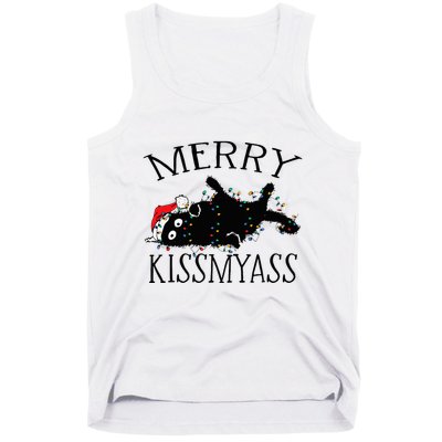 Merry Kissmyass Funny Christmas Cat Tangled In Lights Tank Top