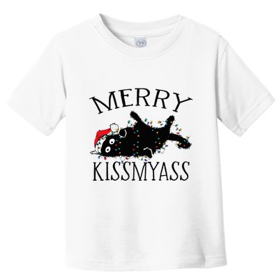 Merry Kissmyass Funny Christmas Cat Tangled In Lights Toddler T-Shirt