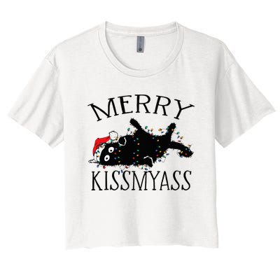 Merry Kissmyass Funny Christmas Cat Tangled In Lights Women's Crop Top Tee