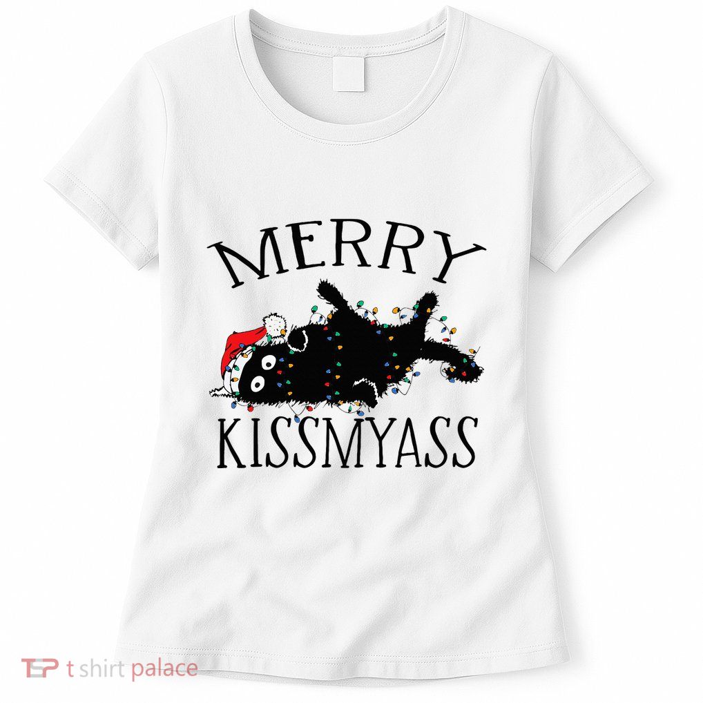 Merry Kissmyass Funny Christmas Cat Tangled In Lights Womens T-Shirt