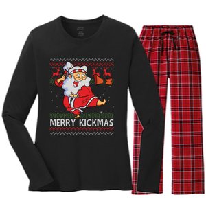 Merry Kickmas Funny Karate Santa Family Matching Pajamas Women's Long Sleeve Flannel Pajama Set 