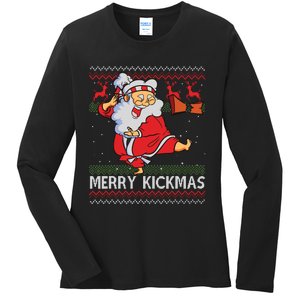 Merry Kickmas Funny Karate Santa Family Matching Pajamas Ladies Long Sleeve Shirt