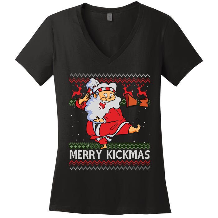 Merry Kickmas Funny Karate Santa Family Matching Pajamas Women's V-Neck T-Shirt