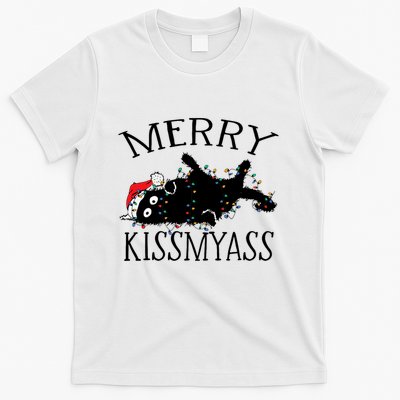 Merry Kissmyass Funny Christmas Cat Tangled In Lights T-Shirt