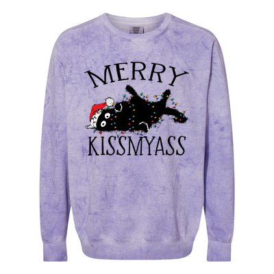 Merry Kissmyass Funny Christmas Cat Tangled In Lights Colorblast Crewneck Sweatshirt