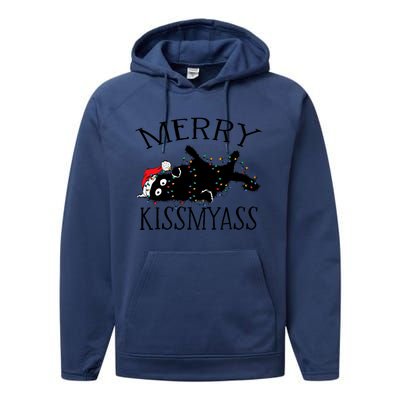 Merry Kissmyass Funny Christmas Cat Tangled In Lights Performance Fleece Hoodie